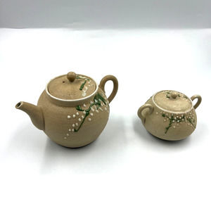 Vintage Moriage Pottery Meiji Period Tea Pot Sugar Set Shark Skin Surface W Lids